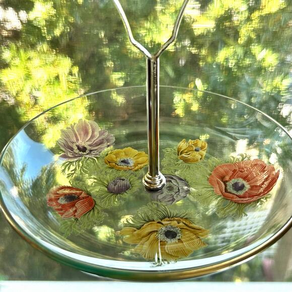 Vintage Chance Glass Anemone Flowers Pattern Small Tidbit Tray / Trinket Dish - Picture 7 of 14